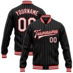 Custom Black White Pinstripe Red Varsity Letterman Bomber Jacket - Full-Snap Style Personalized Black White Pinstripe Red