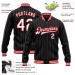 Custom Name Number Varsity Letterman Jacket Black White Pinstripe Red Bomber Full-Snap Team Style Personalized Black White