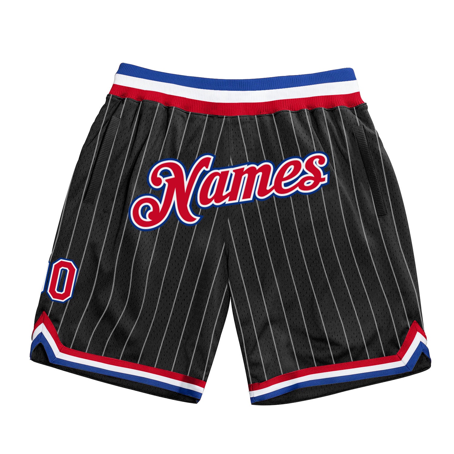 Custom Team Basketball Shorts with Name and Number - Personalized Black White Pinstripe Red-Royal Design Personalized Black