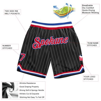 Personalized Black White Pinstripe Basketball Shorts with Red and Royal Accents Personalized Black White Pinstripe Red-Royal