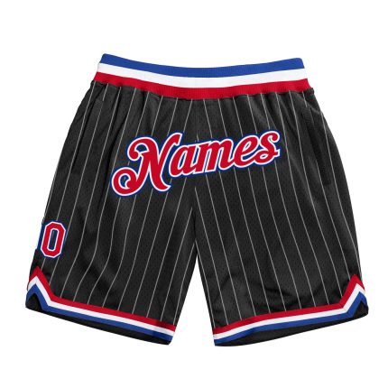 Personalized Black White Pinstripe Basketball Shorts with Red and Royal Accents Personalized Black White Pinstripe Red-Royal