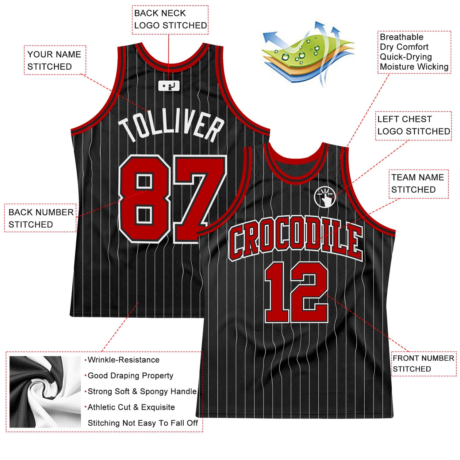 Personalized Black White Pinstripe Red-White Authentic Basketball Jersey Personalized Black White Pinstripe Basketball Jersey Red-White Authentic Sportswear Personalized Black White Pinstripe Red-White - Image 2