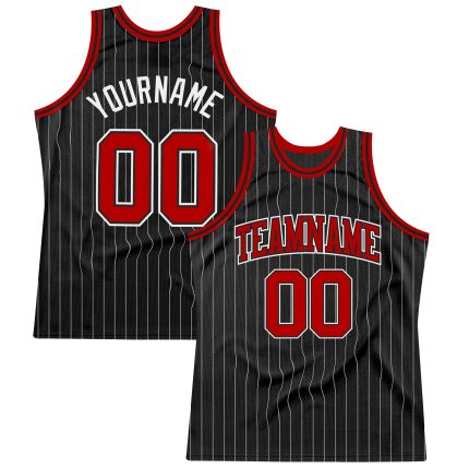 Personalized Black White Pinstripe Basketball Jersey Red-White Authentic Sportswear Personalized Black White Pinstripe Red-White