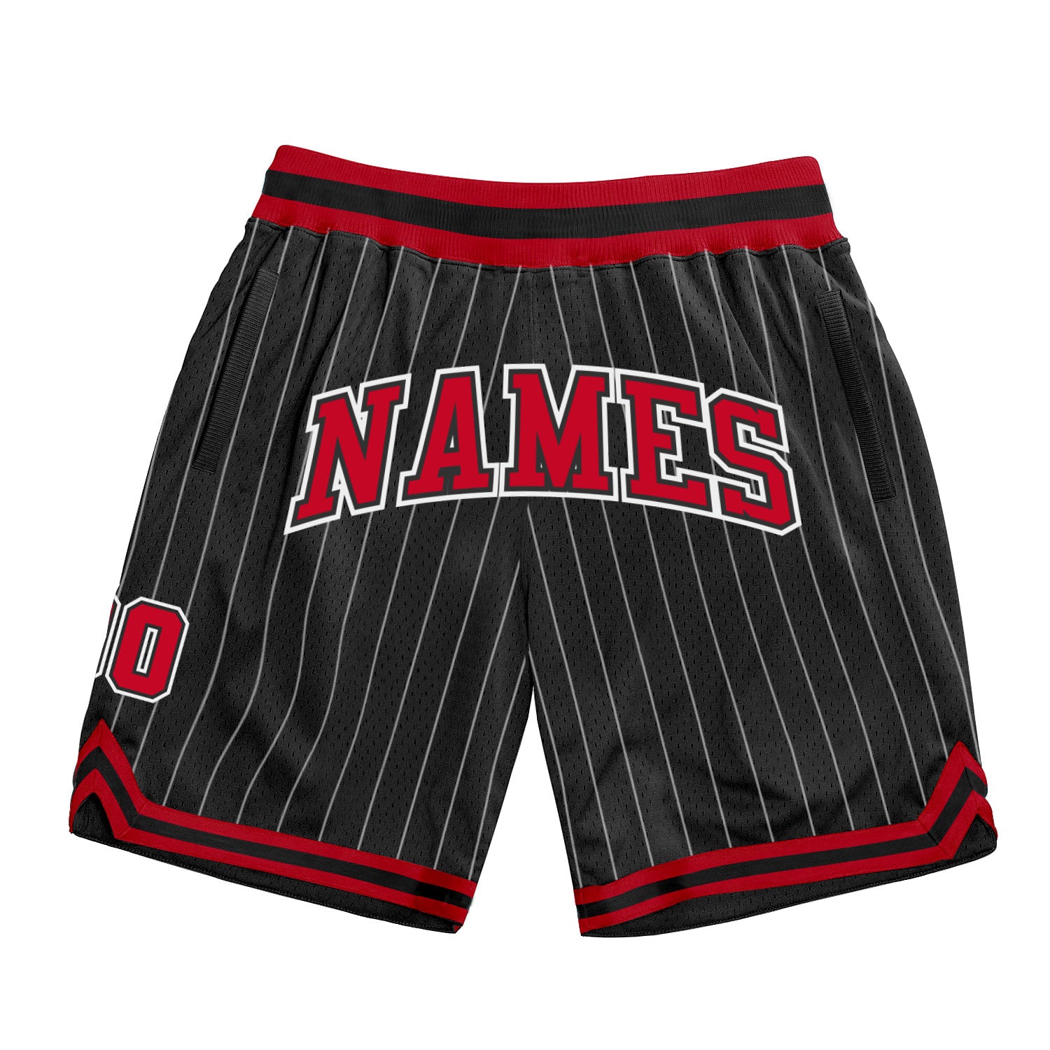 Custom Team Name Number Basketball Shorts Black White Pinstripe Authentic Red White Personalized Black White Pinstripe Red-White