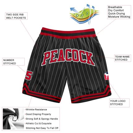 Custom Team Name Number Basketball Shorts Black White Pinstripe Authentic Red White Personalized Black White Pinstripe Red-White