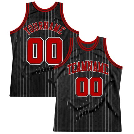 Custom Black and White Pinstripe Basketball Jersey with Red and White Accents Personalized Black White Pinstripe Red-White