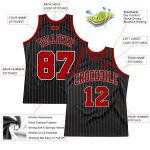 Custom Black and White Pinstripe Basketball Jersey with Red and White Accents Personalized Black White Pinstripe Red-White