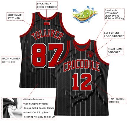 Custom Black and White Pinstripe Basketball Jersey with Red and White Accents Personalized Black White Pinstripe Red-White