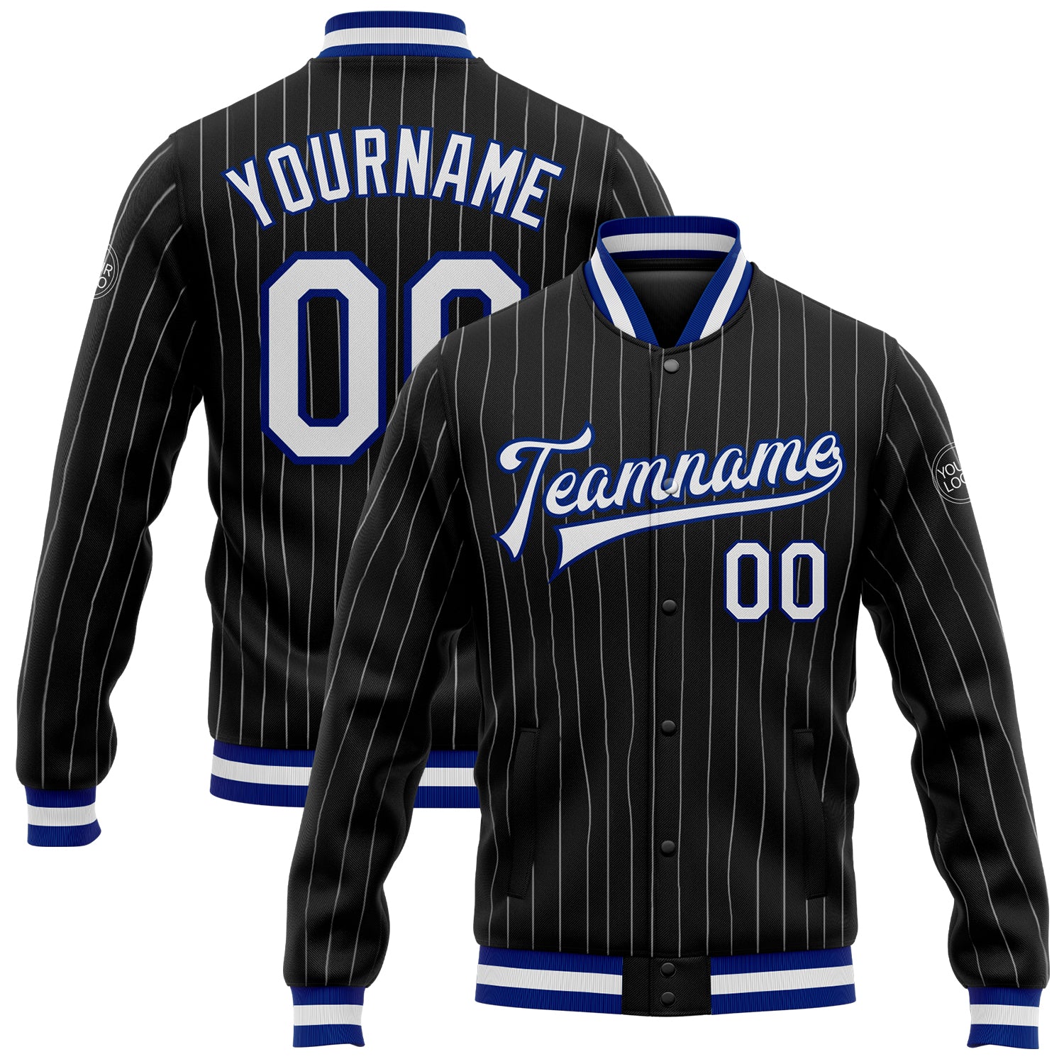 Personalized Bomber Jacket Black White Pinstripe Varsity Full-Snap Letterman 2 Personalized Black White Pinstripe Royal Bomber