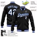 Personalized Bomber Jacket Black White Pinstripe Varsity Full-Snap Letterman 2 Personalized Black White Pinstripe Royal Bomber