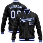Custom Black White Pinstripe Varsity Letterman Bomber Jacket Full-Snap Personalized Black White Pinstripe Royal Bomber Full-Snap
