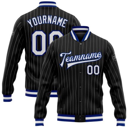 Custom Black White Pinstripe Varsity Letterman Bomber Jacket Full-Snap Personalized Black White Pinstripe Royal Bomber Full-Snap