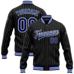 Personalized Black and White Pinstripe Varsity Letterman Jacket - Royal Full-Snap Bomber Personalized Black White Pinstripe