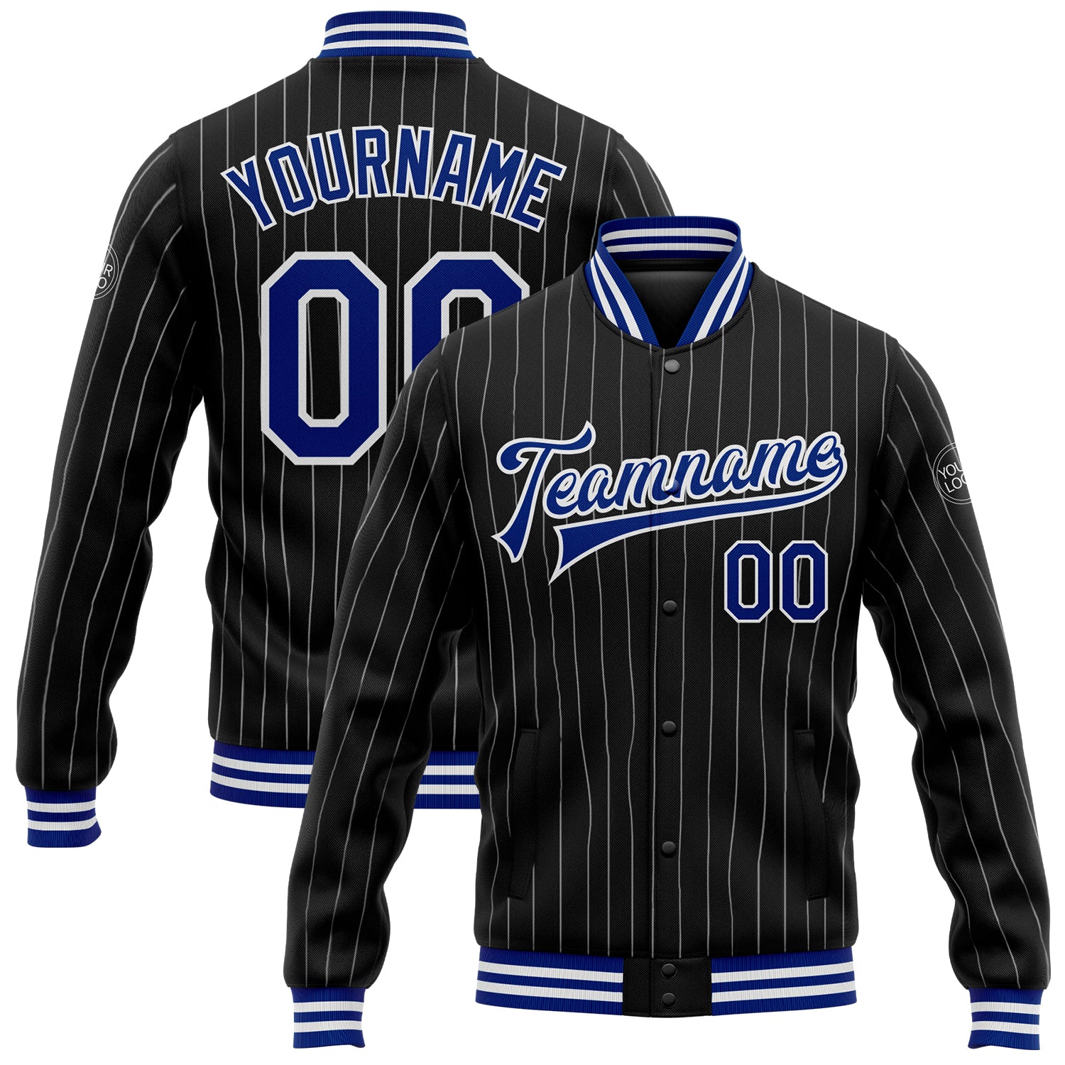 Custom Name Number Royal Bomber Varsity Letterman Jacket Personalized Black White Pinstripe Full-Snap Personalized Black