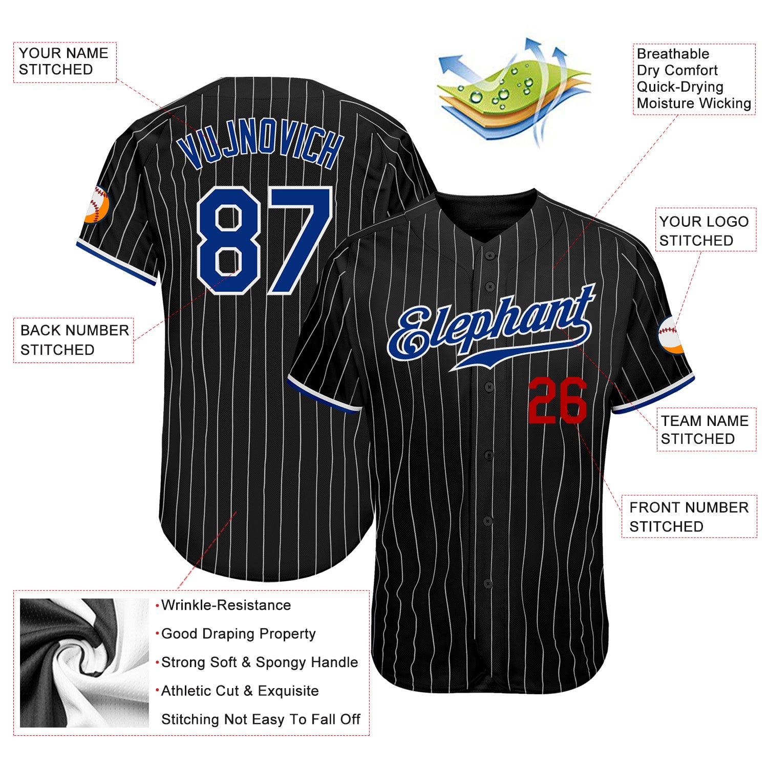 Personalized Black White Pinstripe Royal-Red Authentic Baseball Jersey Team Custom Name and Number Custom Name Number Authentic Baseball Jersey - Personalized Black White Pinstripe Royal-Red Personalized Black White Pinstripe - Image 3