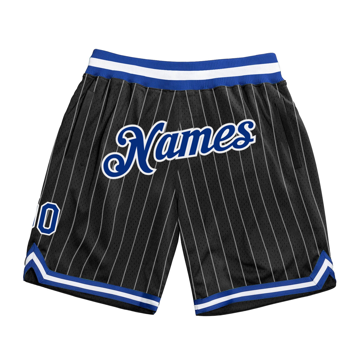 Custom Name Number Authentic Basketball Shorts Black White Pinstripe Royal White Team Design Personalized Black White Pinstripe