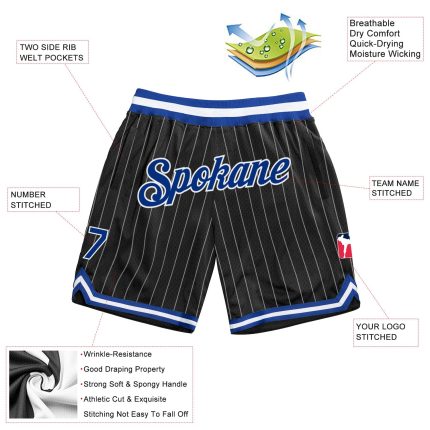 Custom Name Number Authentic Basketball Shorts Black White Pinstripe Royal White Team Design Personalized Black White Pinstripe