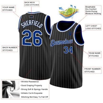Personalized Black White Pinstripe Basketball Jersey - Royal White 2 Personalized Black White Pinstripe Royal-White Basketball