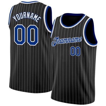 Personalized Black White Pinstripe Basketball Jersey - Royal White 2 Personalized Black White Pinstripe Royal-White Basketball