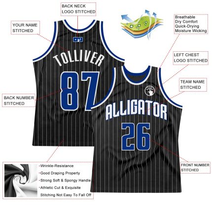 Personalized Black and White Pinstripe Basketball Jersey - Royal White Design Personalized Black White Pinstripe Royal-White