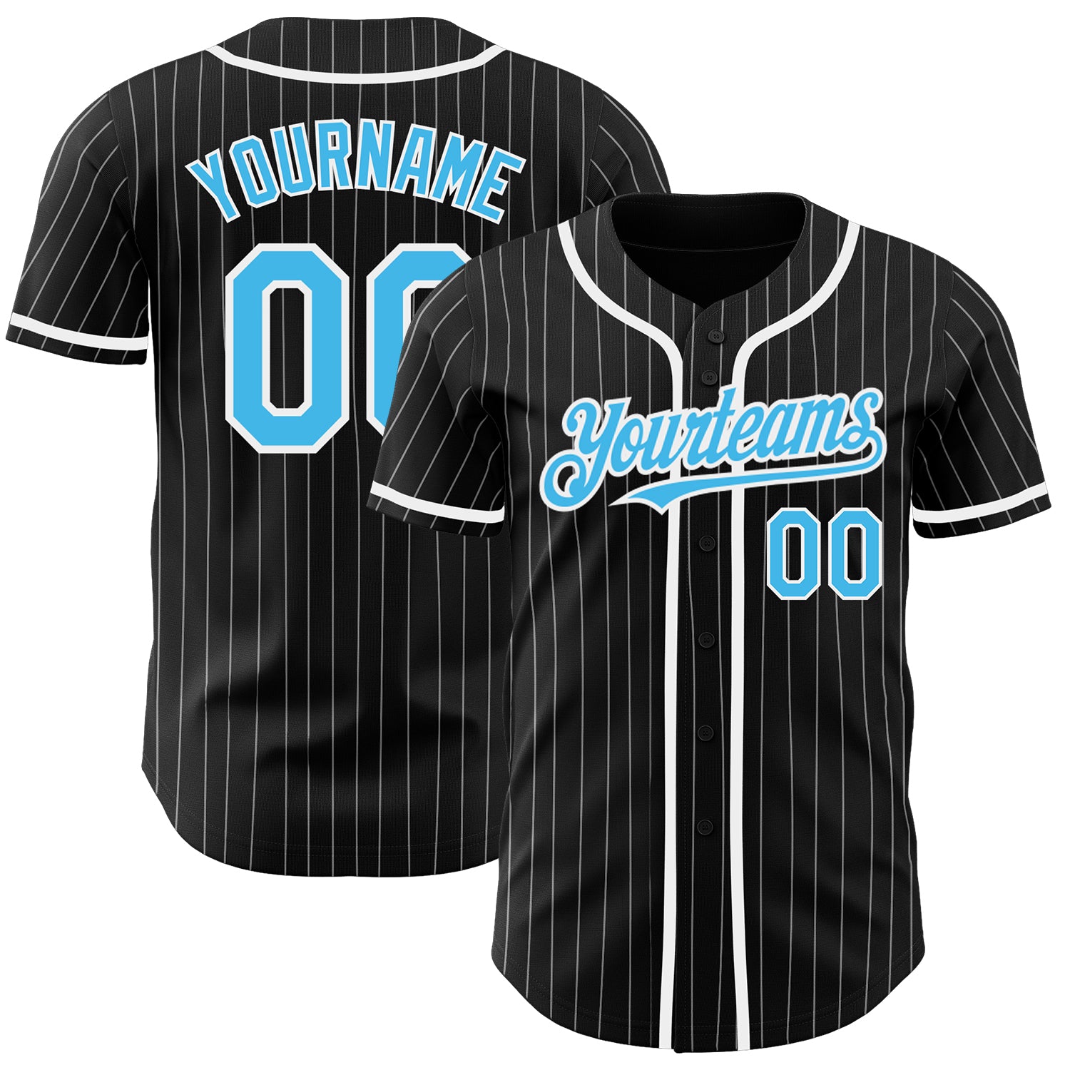 Custom Name and Number Personalized Black White Pinstripe Baseball Jersey in Sky Blue - Authentic Team Apparel Personalized