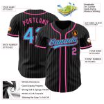 Personalized Baseball Jersey in Black White Pinstripe with Sky Blue and Pink Personalized Black White Pinstripe Sky Blue-Pink