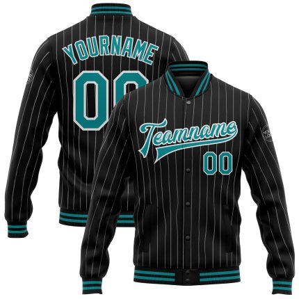 Personalized Teal Bomber Jacket Black White Pinstripe Full-Snap Varsity Letterman Jacket Personalized Black White Pinstripe