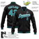 Custom Team Name Number Bomber Jacket Black White Teal Pinstripe Full-Snap Varsity Letterman Personalized Black White Pinstripe