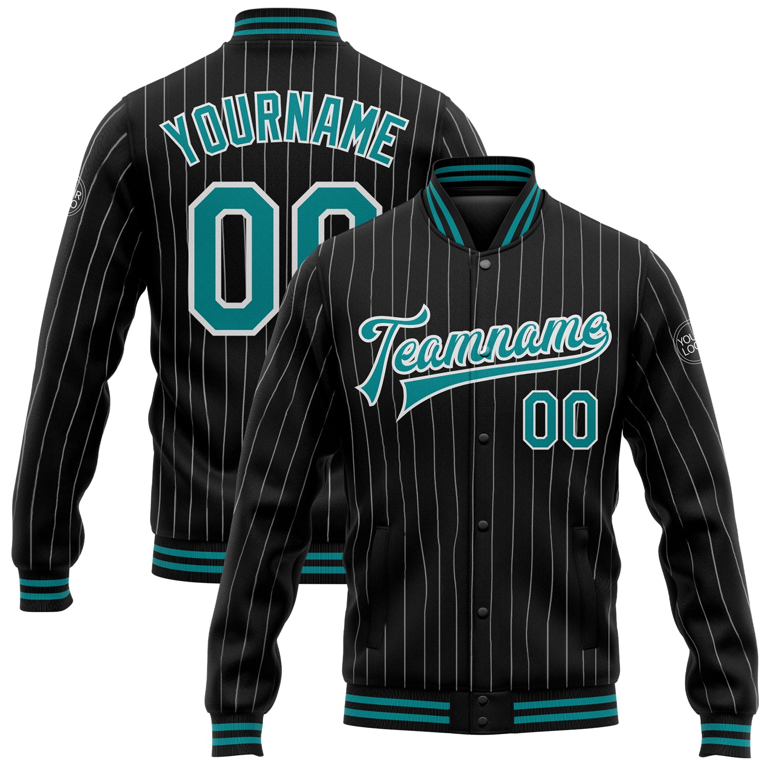Custom Team Name Number Bomber Jacket Black White Teal Pinstripe Full-Snap Varsity Letterman Personalized Black White Pinstripe