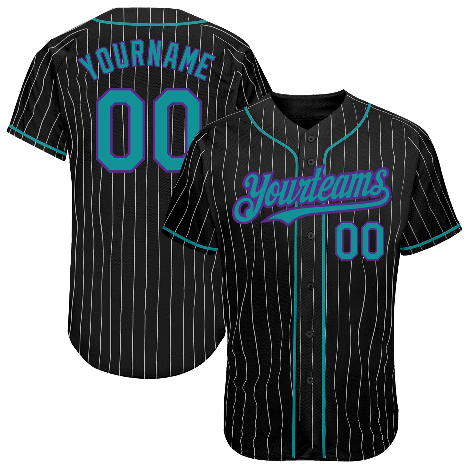 Customizable Teal and Purple Pinstripe Baseball Jersey with Name and Number - Authentic Black and White Team Apparel Personalized