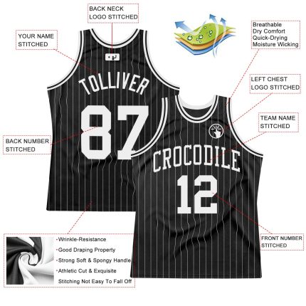 Custom Name and Number Personalized Black White Pinstripe Basketball Jersey Authentic Personalized Black White Pinstripe