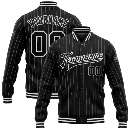 Custom Name and Number Black White Pinstripe Varsity Letterman Bomber Jacket Full-Snap Personalized Black White Pinstripe