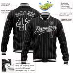 Custom Name and Number Black White Pinstripe Varsity Letterman Bomber Jacket Full-Snap Personalized Black White Pinstripe