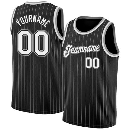 Personalized Black White Pinstripe Basketball Jersey - Gray Custom Team Gear Personalized Black White Pinstripe White-Gray
