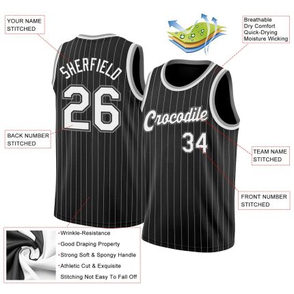 Personalized Black White Pinstripe Basketball Jersey - Gray Custom Team Gear Personalized Black White Pinstripe White-Gray