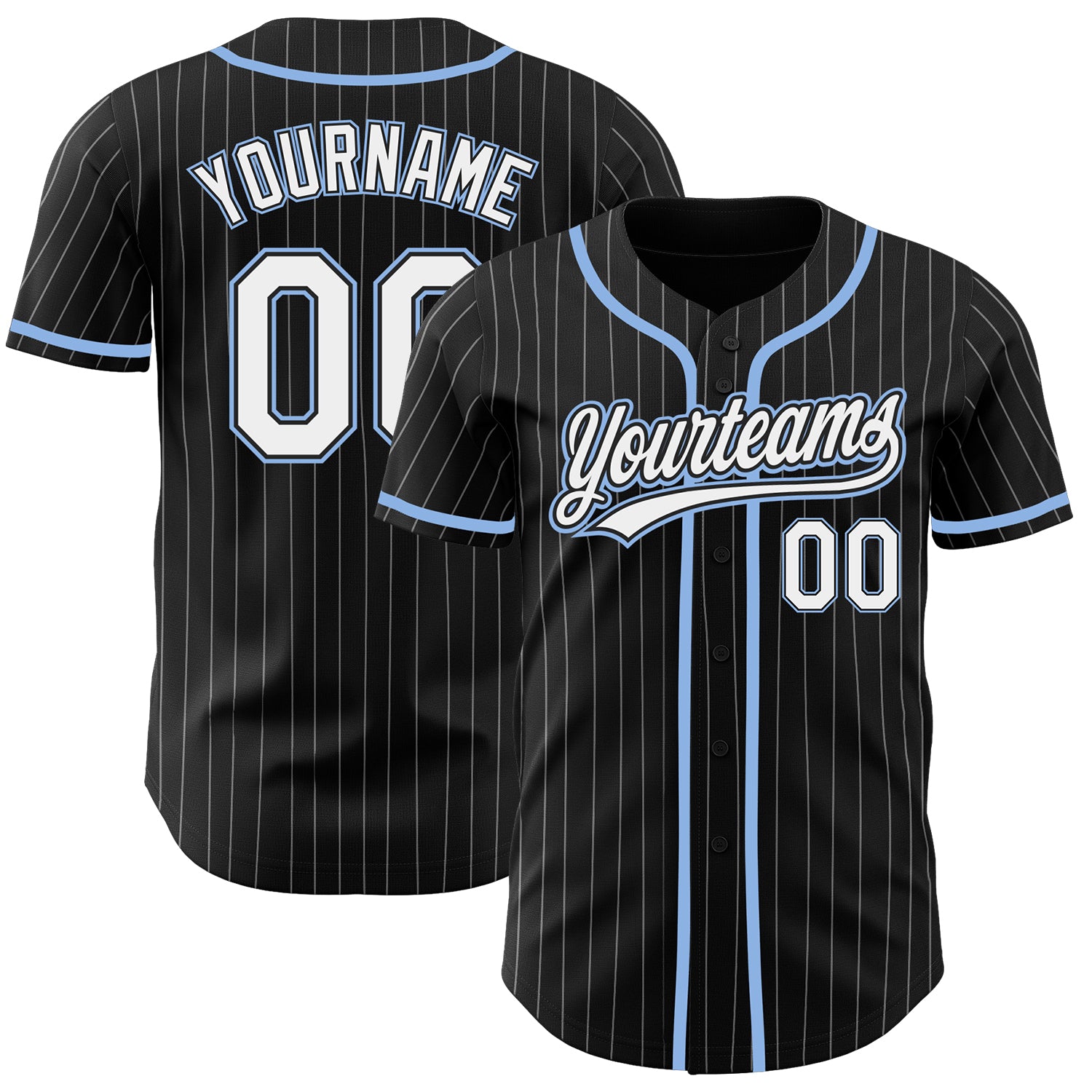 Custom Team Name Number Personalized Baseball Jersey Black White Pinstripe Light Blue Authentic Design Personalized Black