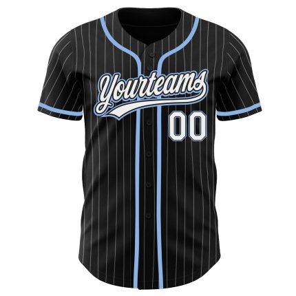 Custom Team Name Number Personalized Baseball Jersey Black White Pinstripe Light Blue Authentic Design Personalized Black