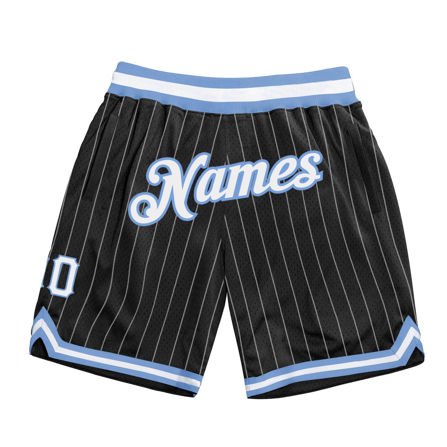 Custom Name Number Authentic Basketball Shorts Black White Pinstripe Light Blue - Personalized Team Apparel Personalized