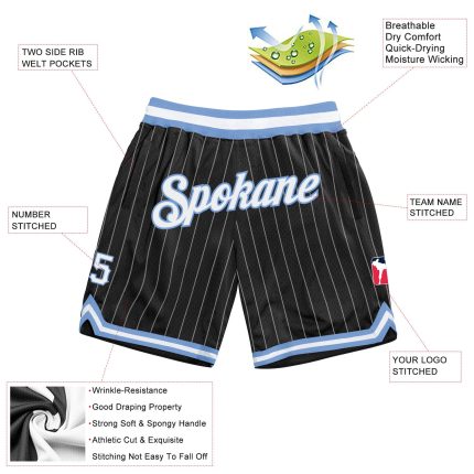 Personalized Black and White Pinstripe Basketball Shorts for Men - Light Blue Personalized Black White Pinstripe White-Light