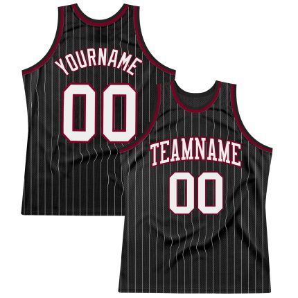 Custom Black and White Pinstripe Basketball Jersey - White and Maroon Design Personalized Black White Pinstripe White-Maroon
