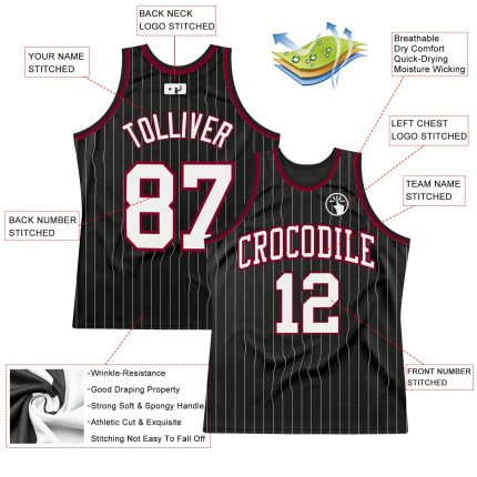 Custom Black and White Pinstripe Basketball Jersey - White and Maroon Design Personalized Black White Pinstripe White-Maroon