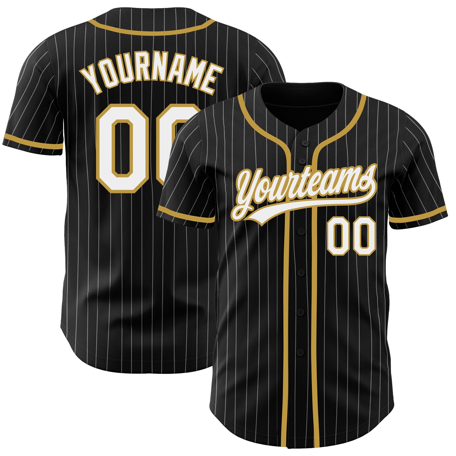 Personalized Authentic Baseball Jersey - Black White Pinstripe with Old Gold Trim Personalized Black White Pinstripe White-Old