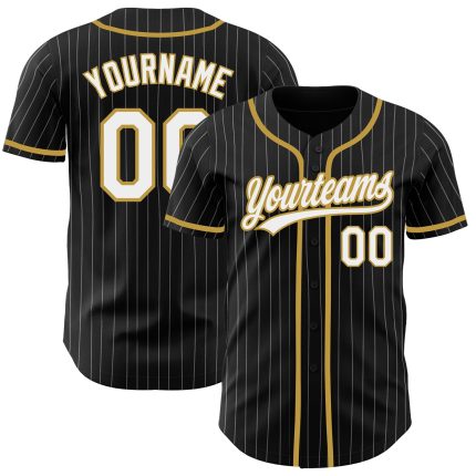 Personalized Black and White Pinstripe Baseball Jersey with Old Gold Accents Personalized Black White Pinstripe White-Old