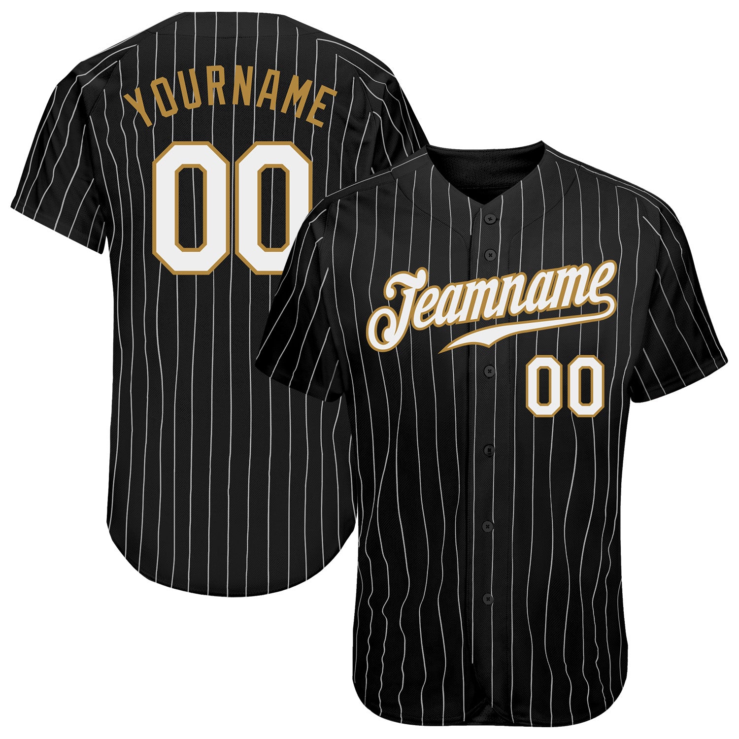 Personalized Black White Pinstripe Baseball Jersey - Old Gold Design Personalized Black White Pinstripe White-Old Gold Baseball