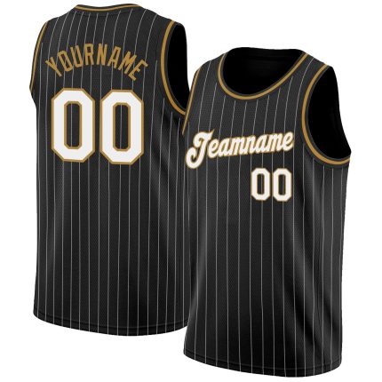 Personalized Black White Pinstripe Basketball Jersey - Old Gold Trim Personalized Black White Pinstripe White-Old Gold Basketball