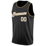 Personalized Black White Pinstripe Basketball Jersey - Old Gold Trim Personalized Black White Pinstripe White-Old Gold Basketball
