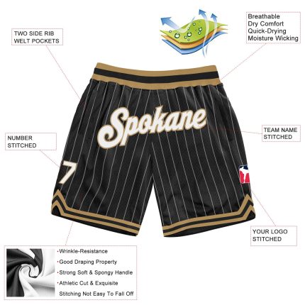 Personalized Black White Pinstripe Basketball Shorts for Men in Old Gold Personalized Black White Pinstripe White-Old Gold