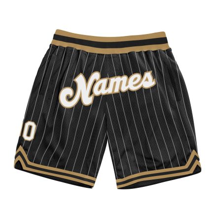 Personalized Black White Pinstripe Basketball Shorts for Men in Old Gold Personalized Black White Pinstripe White-Old Gold