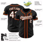 Custom black, white and orange pinstripe baseball jersey, detail of the printed panel