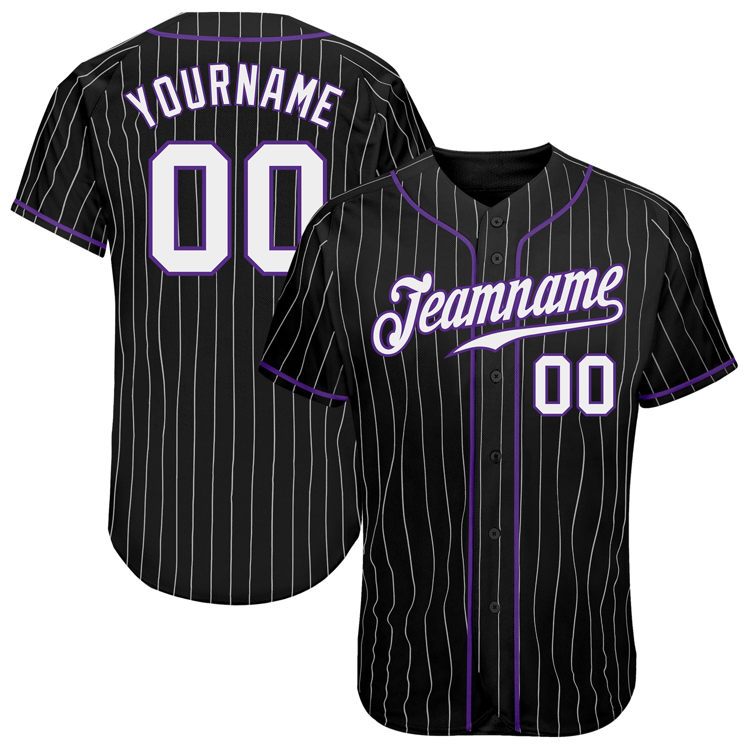 Personalized Black and White Pinstripe Baseball Jersey for Men and Women - White Purple Design Personalized Black White Pinstripe